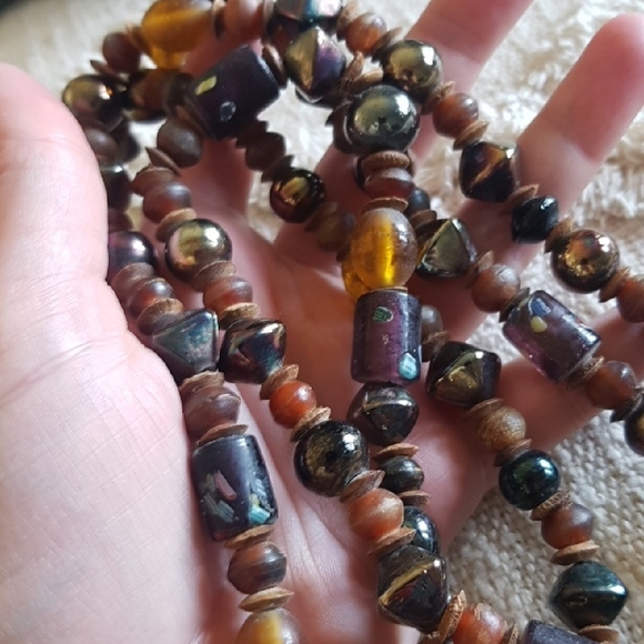 Long Length Boho Artsy Funky Amber Mixed Beaded Necklace - Picture 5 of 5